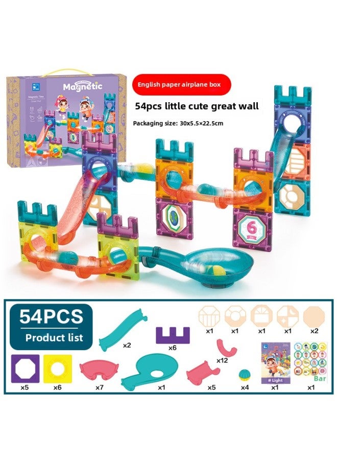 Magnetic Whale Magnetic Pieces Track Building Blocks Light Ball Pipe Magnetic Building Blocks Assembled Educational Children's Magnetic Toys-Color:[54PCS] Macey Great Wall (English Paper Wai Flying Machine Box) 675g  - Image 1