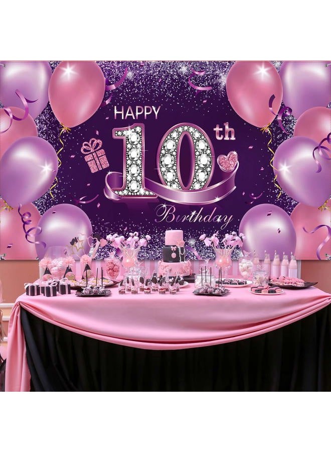 Sumind Happy Birthday Party Decorations, Large Fabric Pink Purple Happy 10th Anniversary Birthday Sign Banner Photo Booth Backdrop Background with Rope for Girls Birthday Party Favor, 72.8 x 43.3 Inch - Image 4