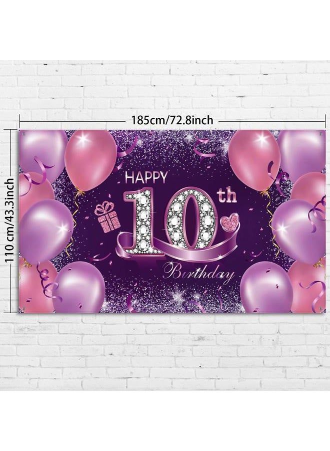 Sumind Happy Birthday Party Decorations, Large Fabric Pink Purple Happy 10th Anniversary Birthday Sign Banner Photo Booth Backdrop Background with Rope for Girls Birthday Party Favor, 72.8 x 43.3 Inch - Image 2