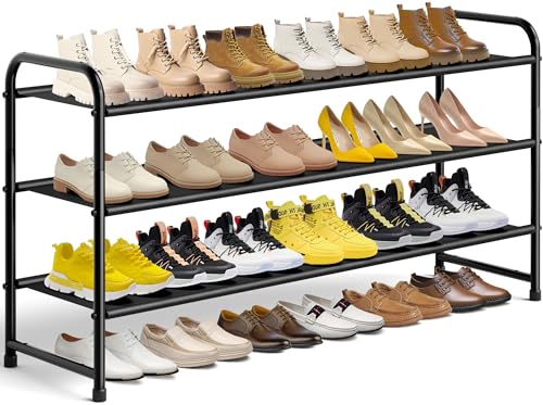 MISSLO 3Tier Long Shoe Rack for Closet Shoe Organizer for Closet Floor Entryway Storage Stackable Wide Shoe Shelf Stores 24 Pairs of Men Sneakers Black