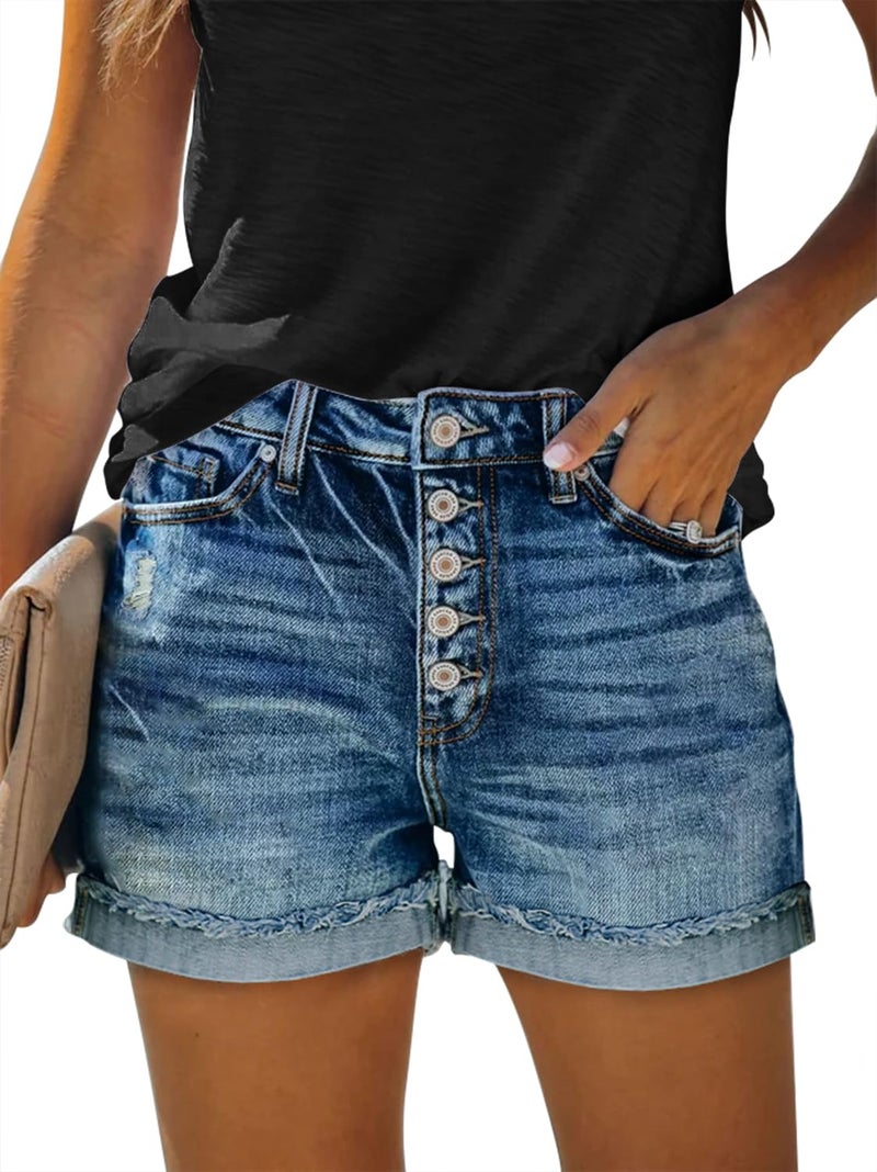 KISSMODA Denim Shorts Women Trendy Button Summer Cut Off Short Womens Jean Shorts High Waisted Denim Hot Ripped Shorts - Image 1