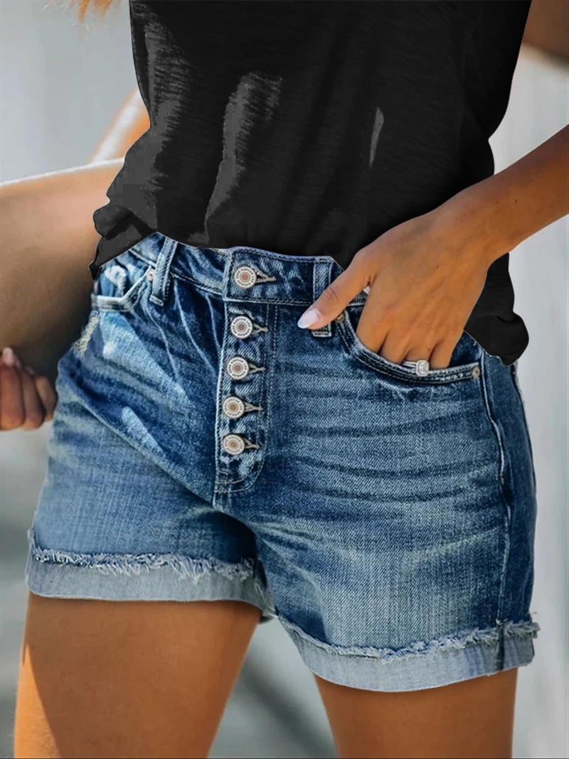 KISSMODA Denim Shorts Women Trendy Button Summer Cut Off Short Womens Jean Shorts High Waisted Denim Hot Ripped Shorts - Image 2