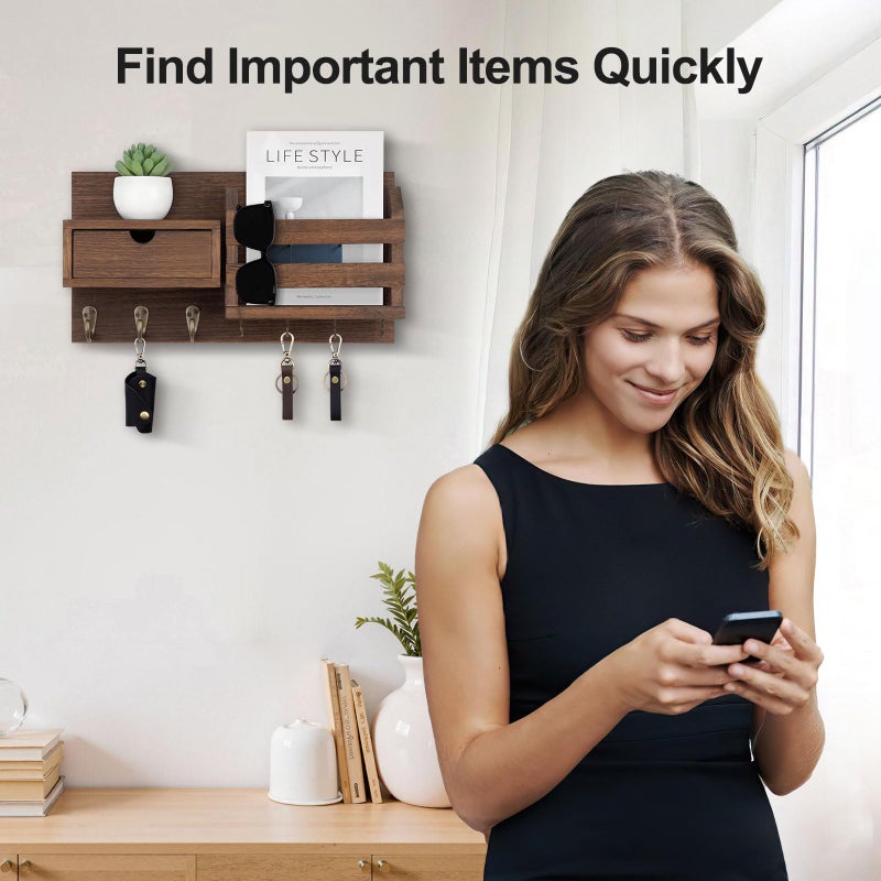 Lwenki Wall Mount Key Holder with Mail Organizer, 100% Paulownia Wood, 7 Metal Hooks, Storage Drawer, Entryway Home Decor (Brown) - Image 2