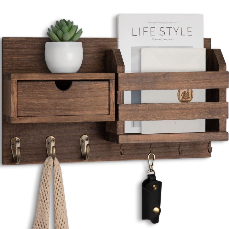 Lwenki Wall Mount Key Holder with Mail Organizer, 100% Paulownia Wood, 7 Metal Hooks, Storage Drawer, Entryway Home Decor (Brown) - Image 1