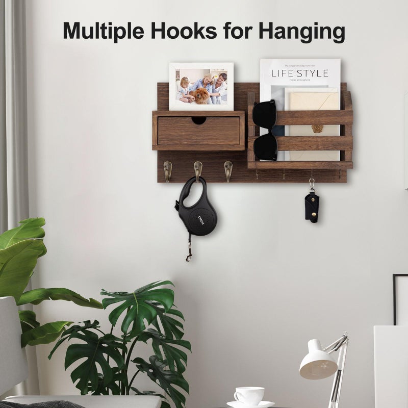 Lwenki Wall Mount Key Holder with Mail Organizer, 100% Paulownia Wood, 7 Metal Hooks, Storage Drawer, Entryway Home Decor (Brown) - Image 4