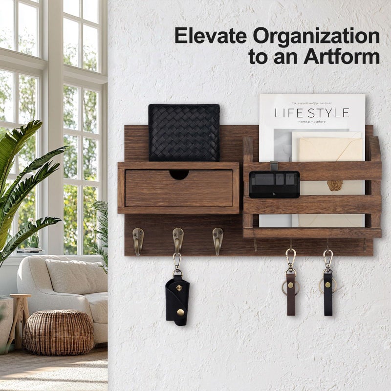 Lwenki Wall Mount Key Holder with Mail Organizer, 100% Paulownia Wood, 7 Metal Hooks, Storage Drawer, Entryway Home Decor (Brown) - Image 3