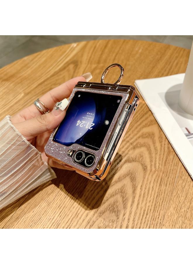 اس-توب جراب لهاتف Samsung Galaxy Z Flip6 5G مطلي بالكهرباء من مادة البولي كربونات اللامعة المرصعة بالنجوم ومضاد للصدمات مع حلقة - Image 3