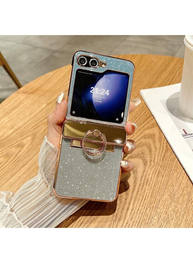 اس-توب جراب لهاتف Samsung Galaxy Z Flip6 5G مطلي بالكهرباء من مادة البولي كربونات اللامعة المرصعة بالنجوم ومضاد للصدمات مع حلقة - Image 1