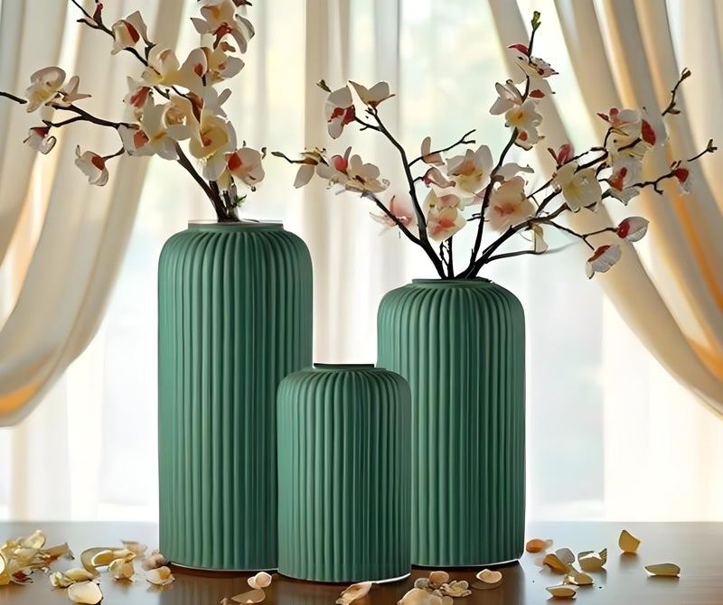 Lasaki Evelyn Deep Jungle Ceramic Vase - Set of 3 | Decorative Vase for Pampas Grass, Dried & Artificial Flowers | Centrepiece & Showpiece for Home Decor, Living Room, Bookshelf & Tabletop Styling - Image 1