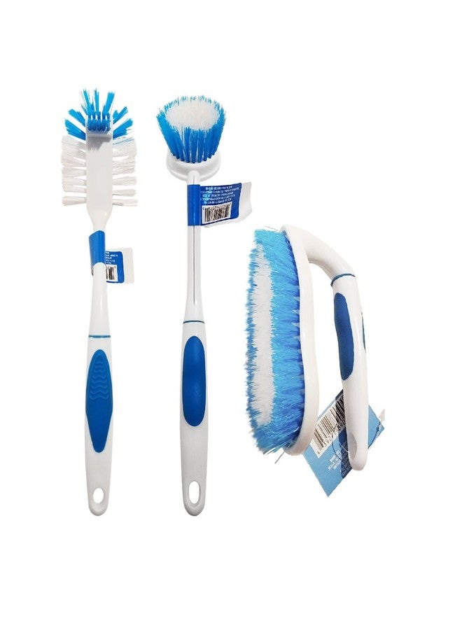 Scrub Buddies Brush Set, Includes 3 All Purpose Scrub Brushes for Cleaning Kitchen or Bathroom, White and Blue - Image 1