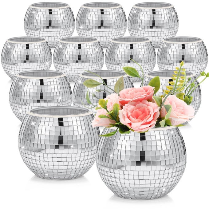 12 PCS DISCO VASES BULK SILVER MIRROR DISCO BALL FLOWER GLASS BALL PLANTER CANDLE HOLDER GLASS VASE FOR WEDDING TABLE CENTERPIECES BEDROOM OFFICE BIRTHDAY DECORATION 3 X 4