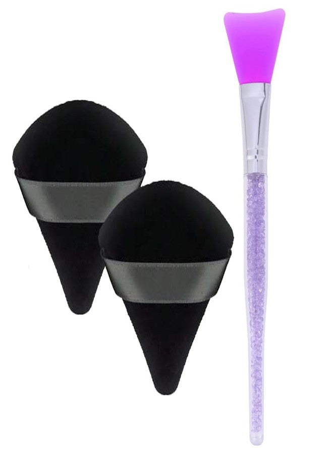 Aternal 2Pcs Triangle Powder Puff Makeup Sponge Powder Puffs for Face Powder Loose Powder, Velour Cosmetic Foundation Sponge Setting Powder Puff Beauty Makeup Tool Wet Dry, Black with 1 Face Pack Brush - Image 1