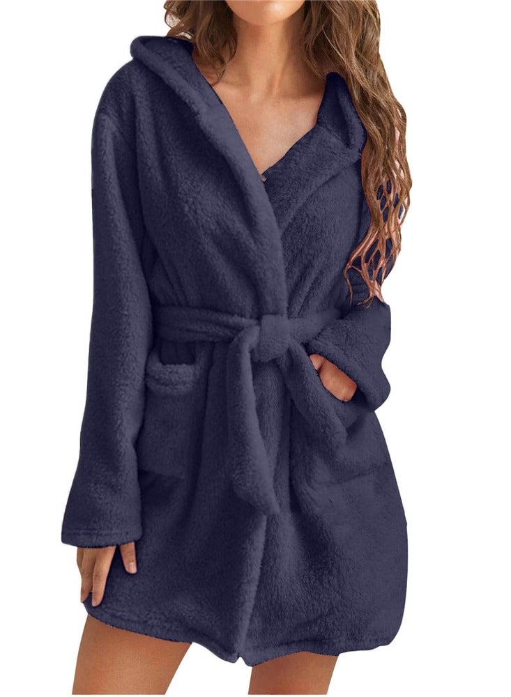 RATSAW Women Hooded Bathrobe Fleece Lightweight Soft Plush Flannel Sleepwear Fleece Hooded Bathrobes Night Sleepwear Women's Mid Length Plush Robe  - Image 1