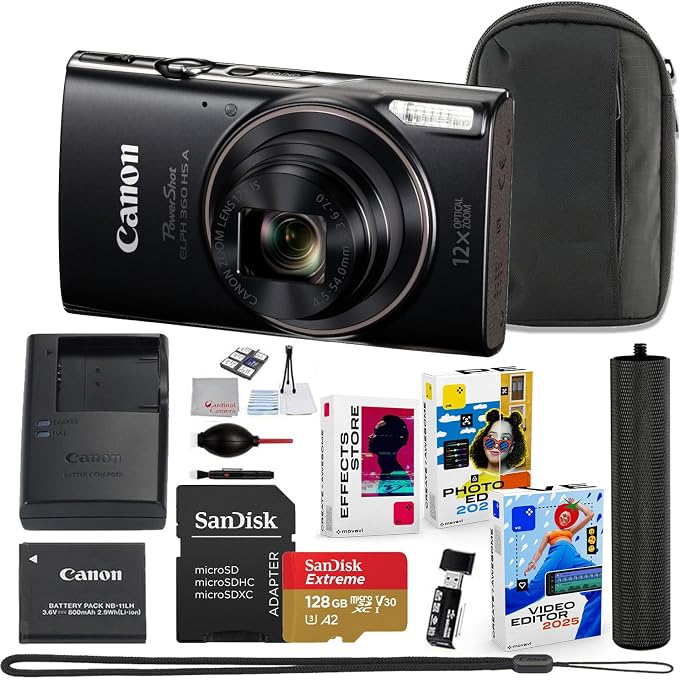 Canon PowerShot ELPH 360 HS A Digital Camera Bundle (Black) + Accessory Package Including Sandisk 128GB Extreme Micro Card, Grip, Pouch & Photo/Video Editing Software Package (16 Items) - Image 1