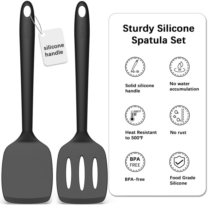 Coukre 2 Pack Silicone Spatula Set  High Heat Resistant  BPA Free Kitchen Spatula  Solid & Slotted Turner for Non-Stick Pans  Saut?ng  and Flipping (2  PureBlack) - Image 2