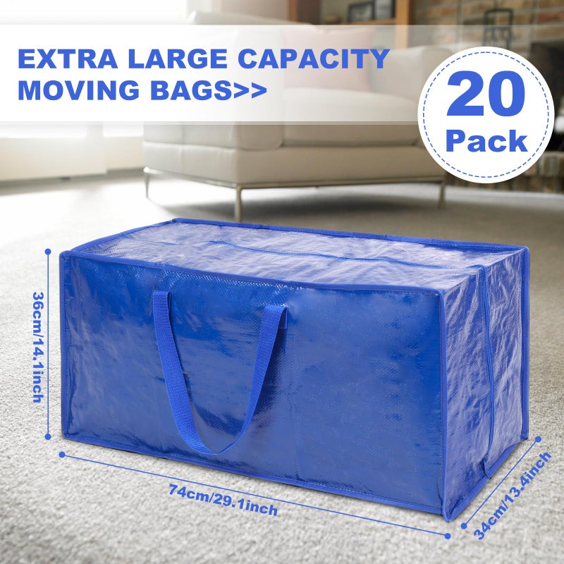 yeload Blue Moving Bags - 20 Pack Extra Large Heavy Duty Storage Bags With Zipper & Reinforce Handles | 29x14x13 Inch Moving Tote Bags Bulk For Clothing, Shoes, Travel - Image 2