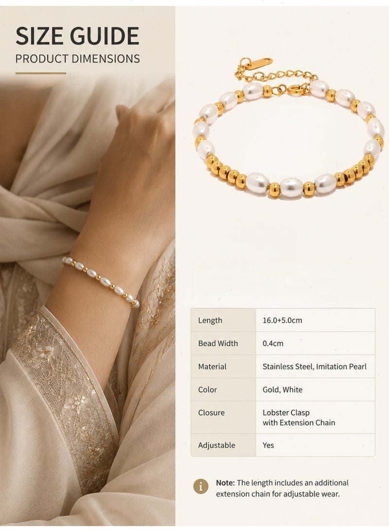 18K Gold Plated Bracelet for Women & Ladies, Adjustable Stainless Steel Pearl Beaded Chain Charm Bracelet & Bangles for Girls, Elegant Jewelry Gift - Image 4