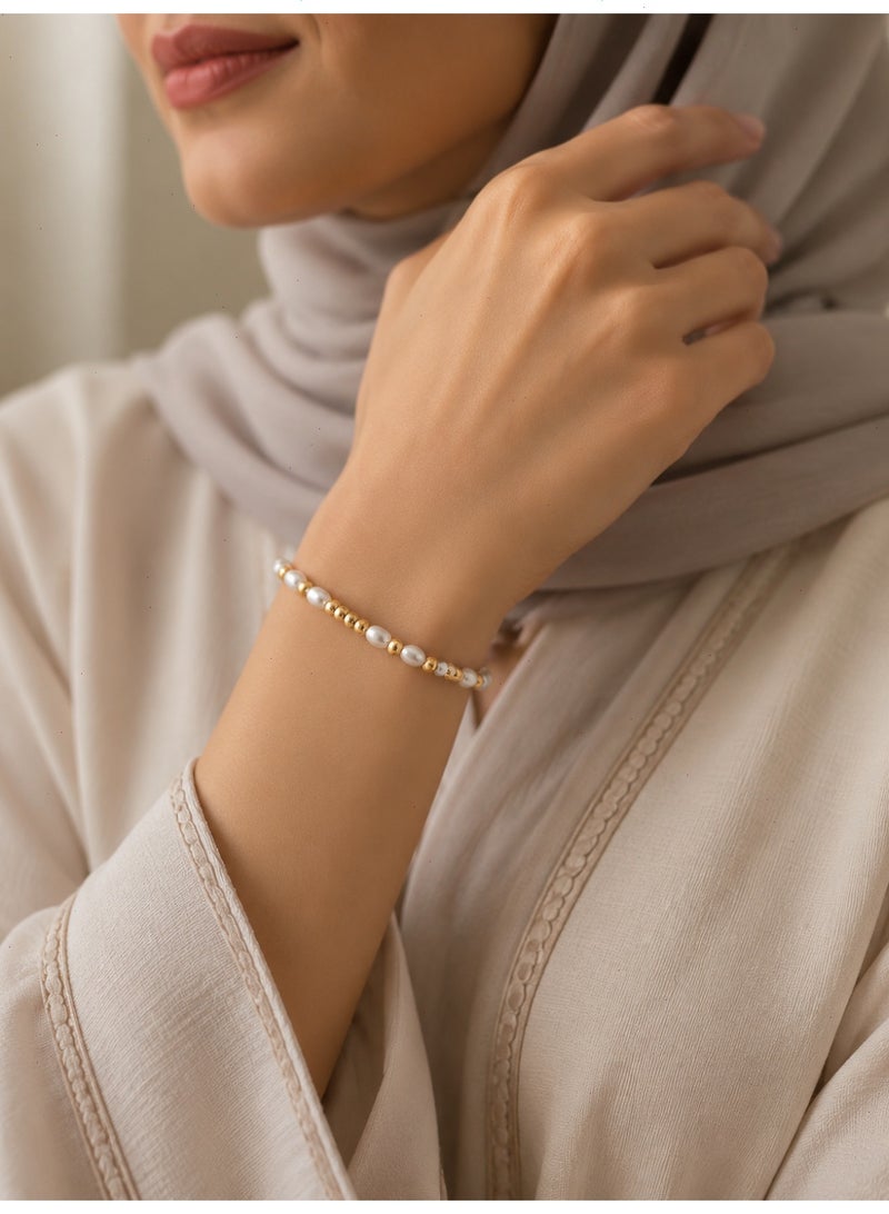 18K Gold Plated Bracelet for Women & Ladies, Adjustable Stainless Steel Pearl Beaded Chain Charm Bracelet & Bangles for Girls, Elegant Jewelry Gift - Image 2