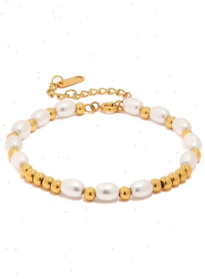 18K Gold Plated Bracelet for Women & Ladies, Adjustable Stainless Steel Pearl Beaded Chain Charm Bracelet & Bangles for Girls, Elegant Jewelry Gift - Image 5