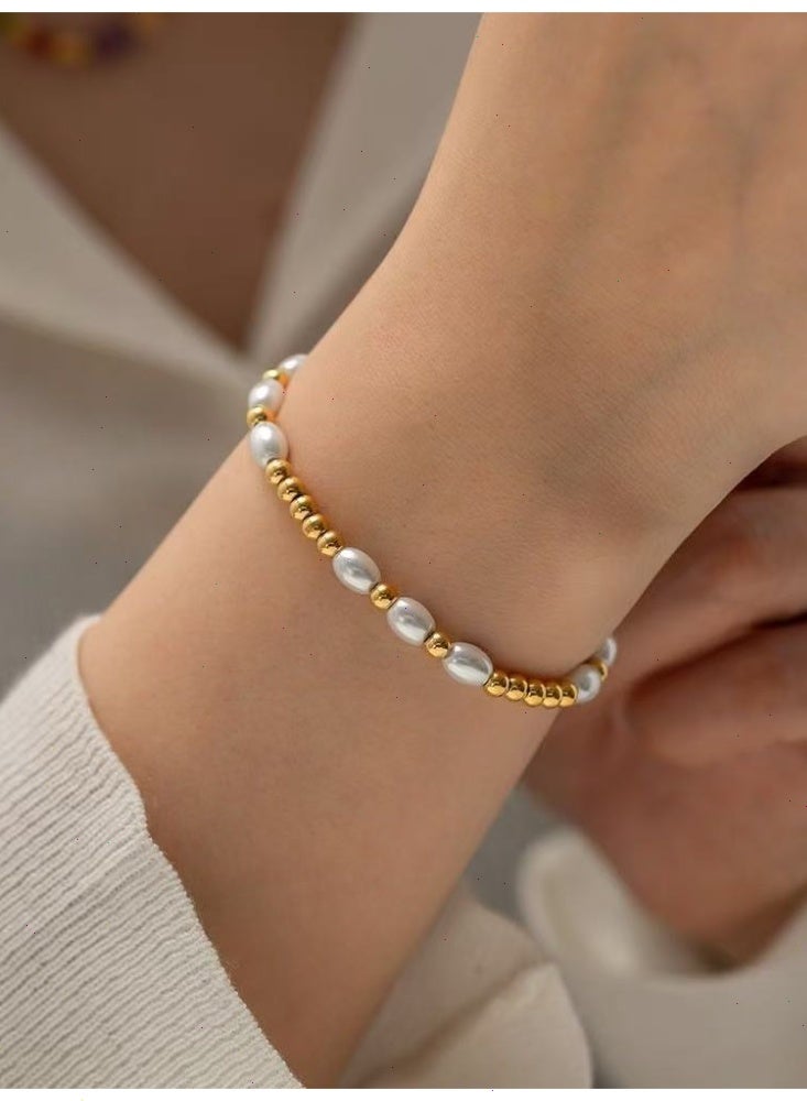 18K Gold Plated Bracelet for Women & Ladies, Adjustable Stainless Steel Pearl Beaded Chain Charm Bracelet & Bangles for Girls, Elegant Jewelry Gift - Image 1