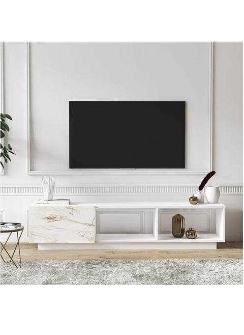 modern TV Stand with Storage, for TVs up to 80 Inches, Wood, 180 W x 35 D x 50 W Cm, White and Marble