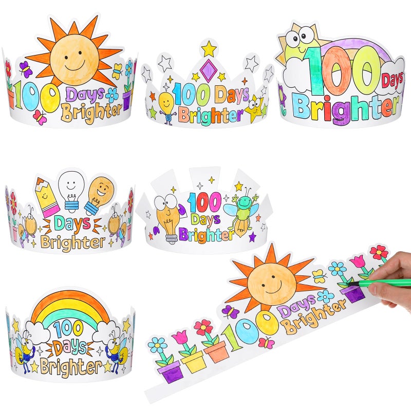 ReliThick 24 Pcs Color Your Own 100 Days Brighter Crowns Light Bulb Firefly DIY Coloring Paper Crowns for 100 Days of School Hat Craft Kits with Elastic Cord, 6 Designs - Image 1