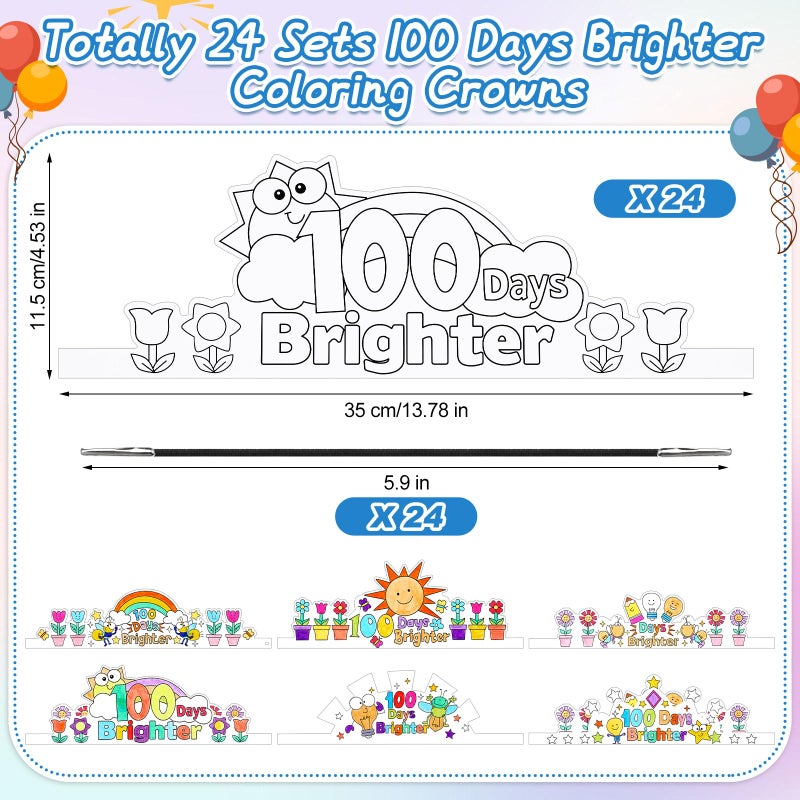 ReliThick 24 Pcs Color Your Own 100 Days Brighter Crowns Light Bulb Firefly DIY Coloring Paper Crowns for 100 Days of School Hat Craft Kits with Elastic Cord, 6 Designs - Image 2