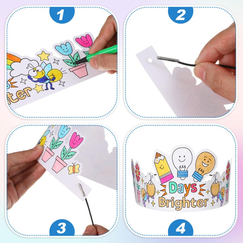 ReliThick 24 Pcs Color Your Own 100 Days Brighter Crowns Light Bulb Firefly DIY Coloring Paper Crowns for 100 Days of School Hat Craft Kits with Elastic Cord, 6 Designs - Image 3