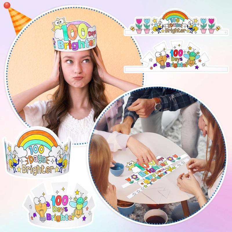 ReliThick 24 Pcs Color Your Own 100 Days Brighter Crowns Light Bulb Firefly DIY Coloring Paper Crowns for 100 Days of School Hat Craft Kits with Elastic Cord, 6 Designs - Image 5