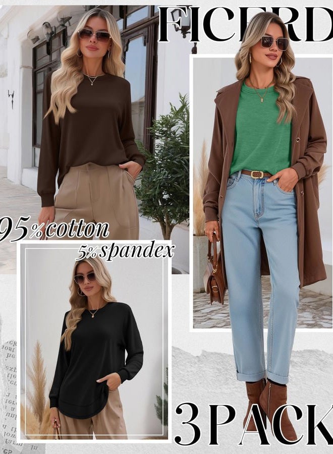 Ficerd 3 Pack Women's Long Sleeve Shirts, Cotton Crew Neck Tunic Tops Casual Loose Fit Pullover Sweatshirts Curved Hem Shirts, Black, Green Brown, Emerald Green, XL - Image 2