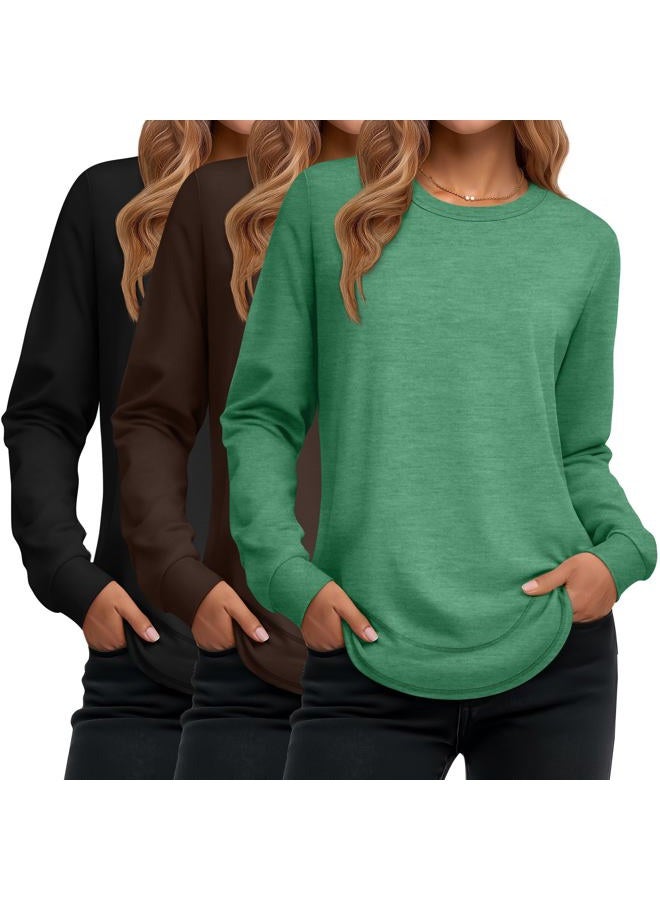 Ficerd 3 Pack Women's Long Sleeve Shirts, Cotton Crew Neck Tunic Tops Casual Loose Fit Pullover Sweatshirts Curved Hem Shirts, Black, Green Brown, Emerald Green, XL - Image 1
