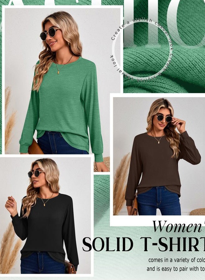 Ficerd 3 Pack Women's Long Sleeve Shirts, Cotton Crew Neck Tunic Tops Casual Loose Fit Pullover Sweatshirts Curved Hem Shirts, Black, Green Brown, Emerald Green, XL - Image 5
