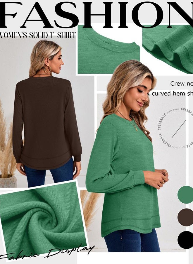 Ficerd 3 Pack Women's Long Sleeve Shirts, Cotton Crew Neck Tunic Tops Casual Loose Fit Pullover Sweatshirts Curved Hem Shirts, Black, Green Brown, Emerald Green, XL - Image 4
