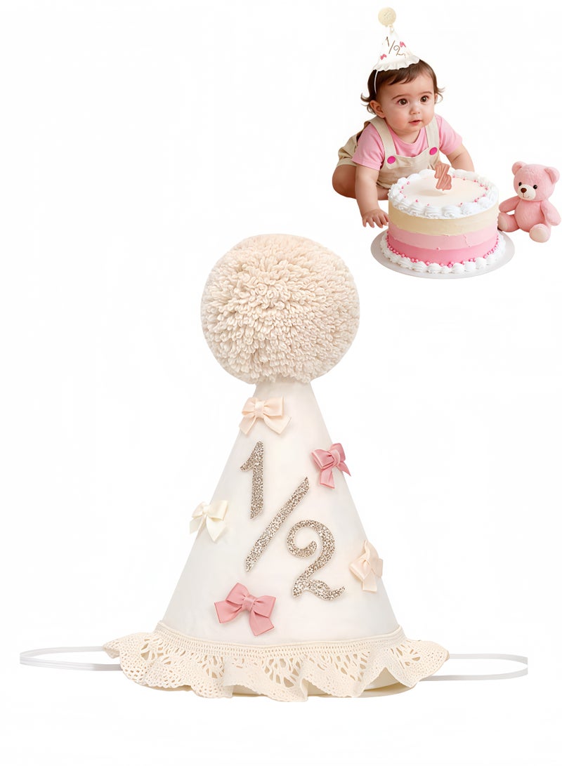1/2 Birthday Girl Hat Baby Party Cone Hats Half Birthday Crown Outfit Decorations 6 Months Birthdays Decorations Lace & Bow Princess Hat 1/2 Baby Girls Photo Props Cake Smash Outfit Girl Cake Topper - Image 1