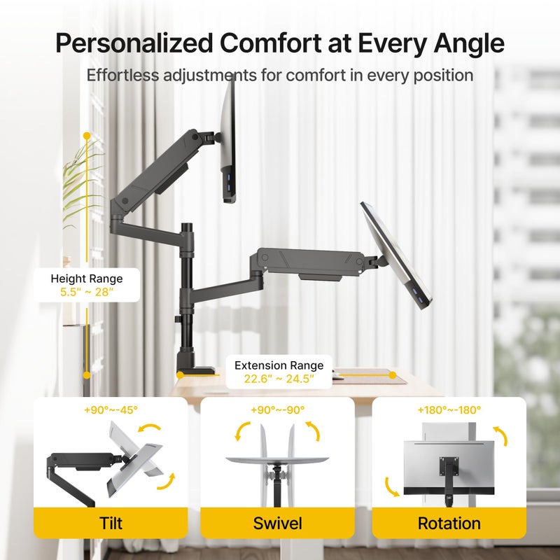 monTEK Dual Monitor Mount Tall Monitor arms for 2 Monitors for 17 to 35 Inch Curved Screen Holds 35 Lbs Adjustable Heavy Duty Monitor Desk Mount Cable Management, VESA 75/100mm, MA1007PBK-D - Image 2