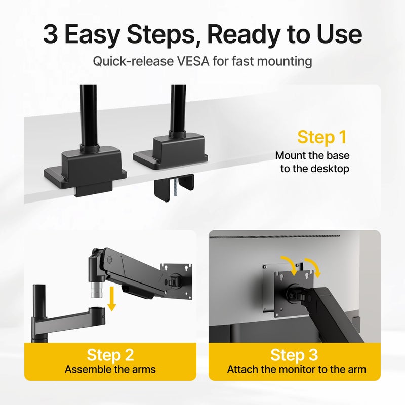 monTEK Dual Monitor Mount Tall Monitor arms for 2 Monitors for 17 to 35 Inch Curved Screen Holds 35 Lbs Adjustable Heavy Duty Monitor Desk Mount Cable Management, VESA 75/100mm, MA1007PBK-D - Image 5