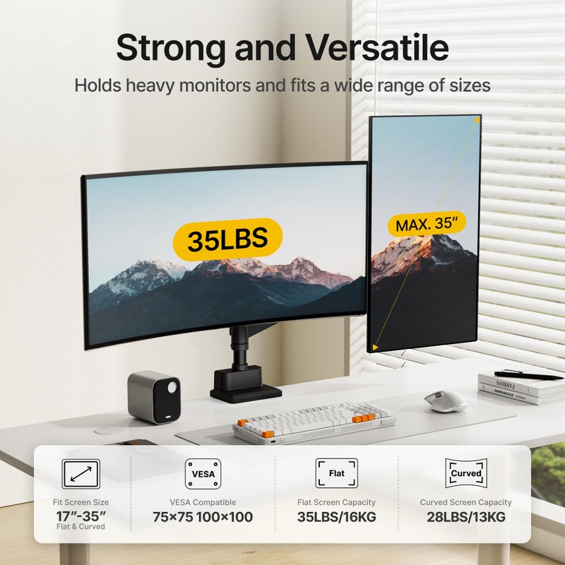 monTEK Dual Monitor Mount Tall Monitor arms for 2 Monitors for 17 to 35 Inch Curved Screen Holds 35 Lbs Adjustable Heavy Duty Monitor Desk Mount Cable Management, VESA 75/100mm, MA1007PBK-D - Image 3