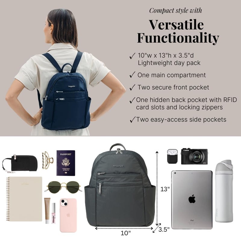 Baggallini SecurtexÂ® Anti-theft Vacation Travel Backpack 10x13" Slash-Resistant Nylon Daypack w/RFID, Charcoal - Image 4