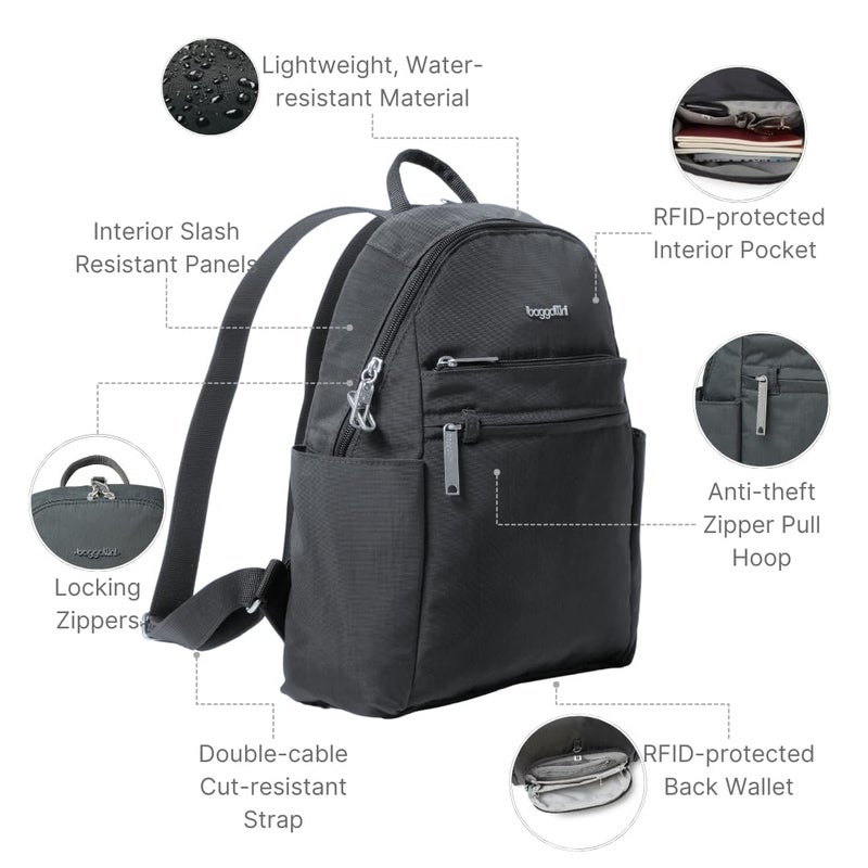 Baggallini SecurtexÂ® Anti-theft Vacation Travel Backpack 10x13" Slash-Resistant Nylon Daypack w/RFID, Charcoal - Image 3