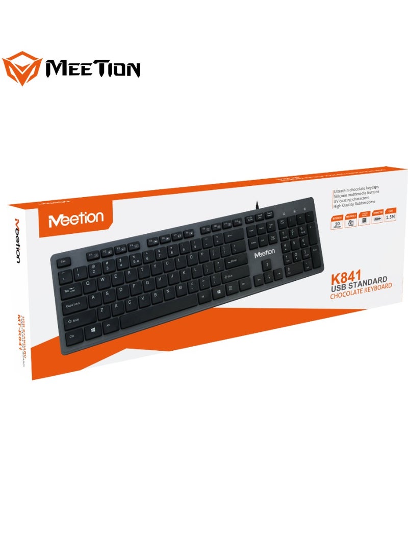 Meetion Meetion USB Standard Chocolate Keyboard K841 UV coating characters Ultrathin chocolate keycaps Silicone multimedia buttons (Black)  - Image 1