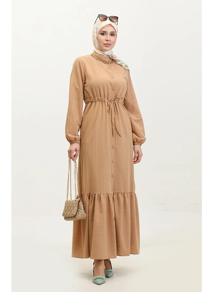 Sefa Merve Buttoned Hem Pleated Dress 0351-03 Milky Coffee