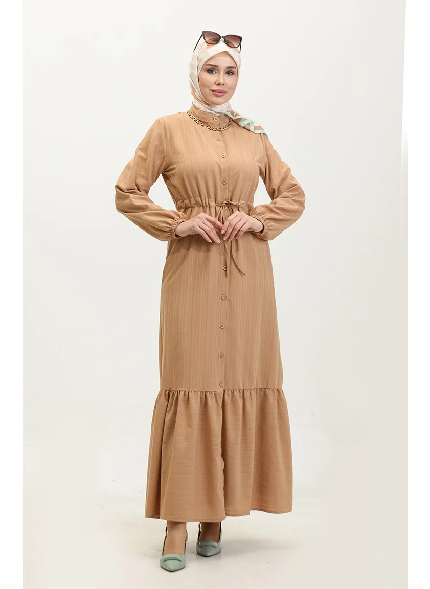Sefa Merve Buttoned Hem Pleated Dress 0351-03 Milky Coffee