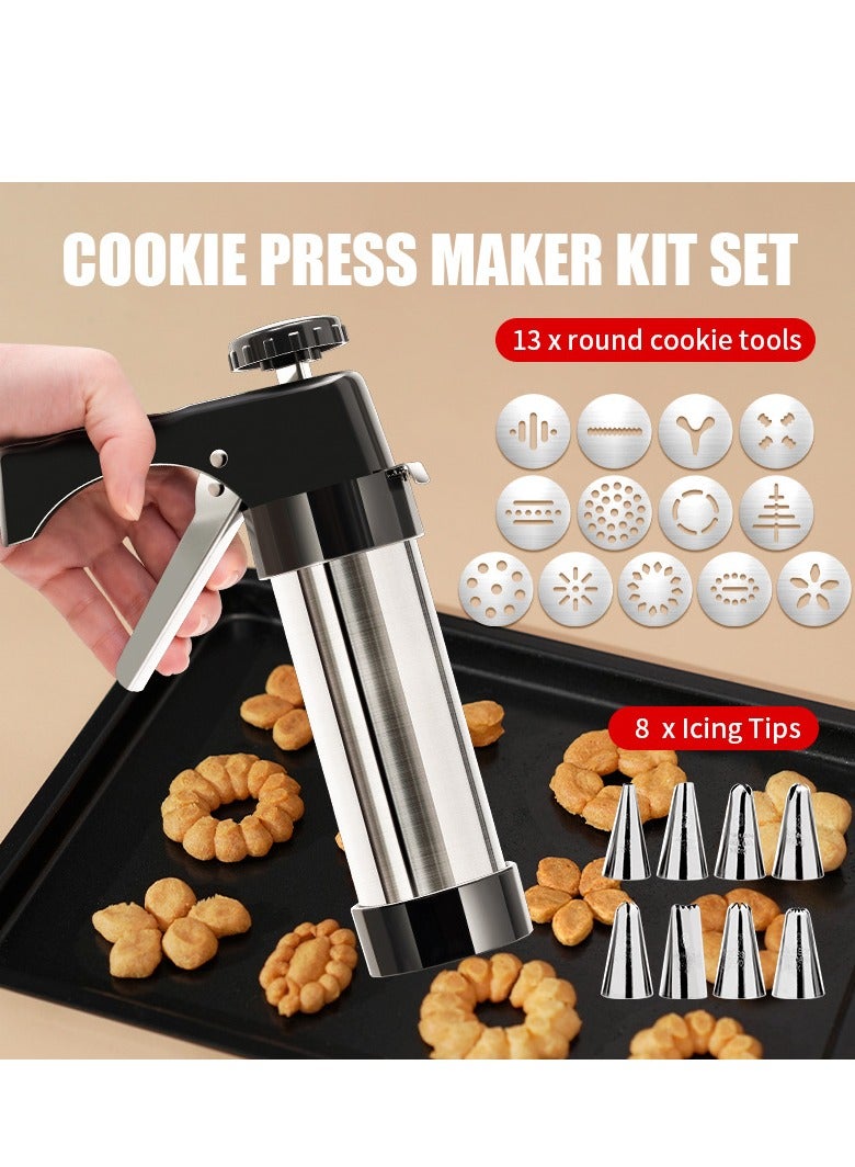 Cookie Press, Cookie Press Gun Kit Stainless Steel Spritz Cookies Press Set with 13 Cookie Discs and 8 Piping Tips, Cookies Press for Baking for Cookie Maker and Cake Icing - Image 2