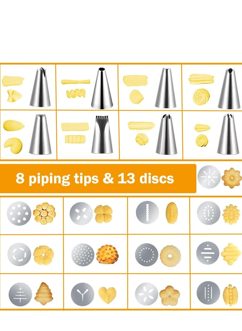 Cookie Press, Cookie Press Gun Kit Stainless Steel Spritz Cookies Press Set with 13 Cookie Discs and 8 Piping Tips, Cookies Press for Baking for Cookie Maker and Cake Icing - Image 3