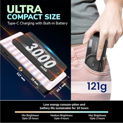 DRAVINA RGB LED Video Light with 22 Color Modes, Magnetic Absorption, Clip, Screw & Type C Cord| 3000mAh Battery| 2500K~9000K| Dimmable & Rechargeable for Phone, Camera, Laptop for Selfie, Vlogging - Image 5