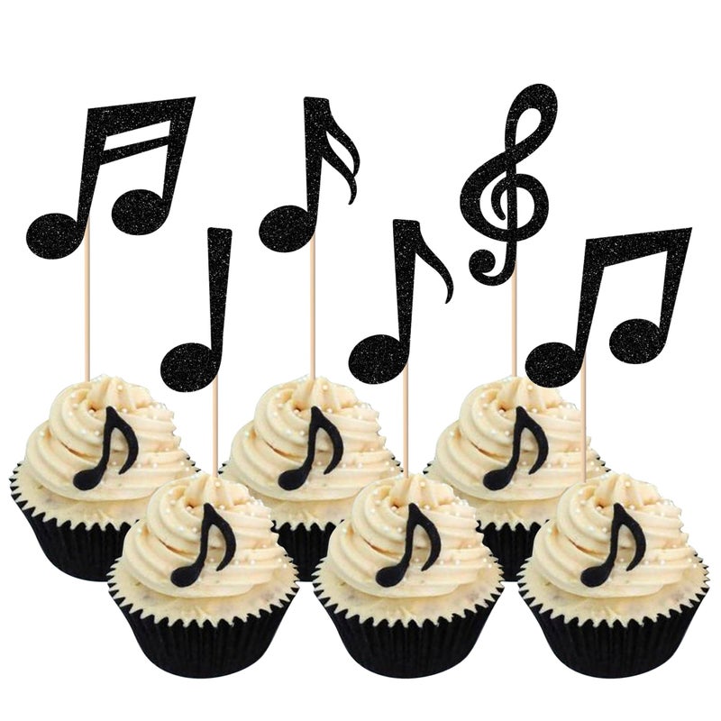 RSSTARXI 36 Pack Black Music Notes موضوع كب كيك أعلى أدوات أعلى روك النجوم رمز كب كيك يختار الديكور للموسيقى - Image 1