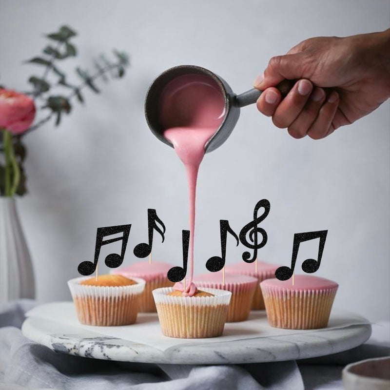 RSSTARXI 36 Pack Black Music Notes موضوع كب كيك أعلى أدوات أعلى روك النجوم رمز كب كيك يختار الديكور للموسيقى - Image 5