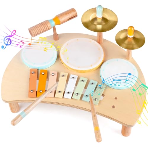 Rmischolar Kids Drum Set Montessori Musical Instruments for Toddlers 13 Wooden Baby Drum Kit with Xylophone Preschool Music Toys for Early Learning Educational Birthday Gift for Boys Girls Multicolored - Image 1