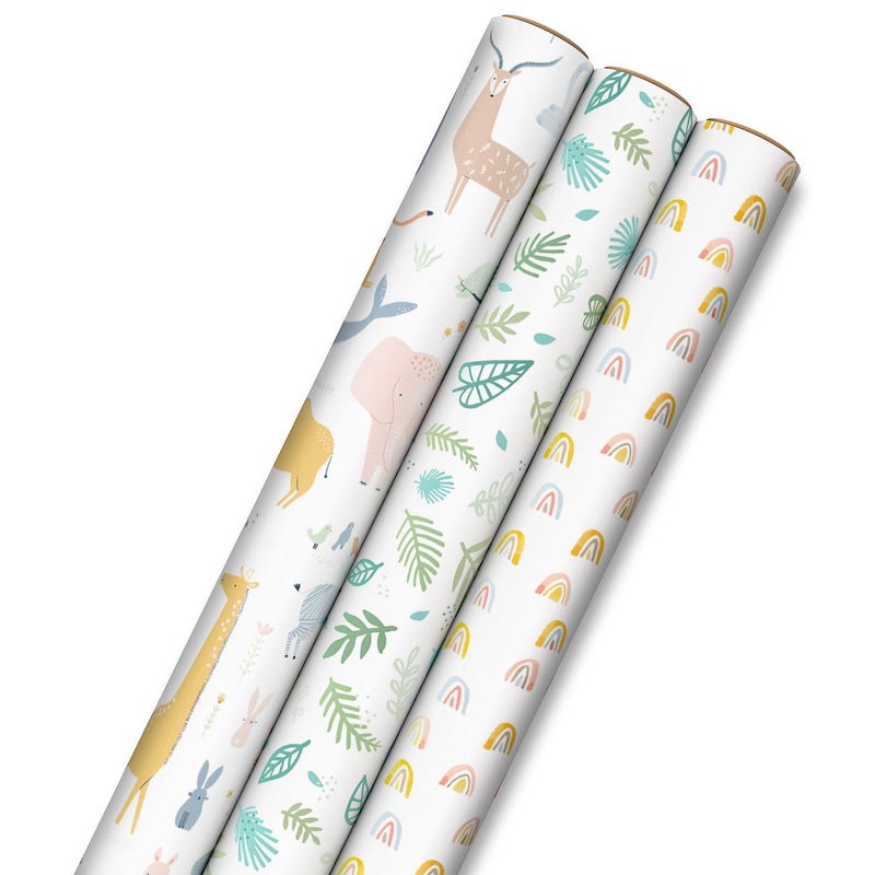 Hallmark Baby Shower Wrapping Paper Rolls  Animals Grey Gingham Rainbows Gift Wrap Paper Set of 3 Rolls 60 sq ft ttl for Baby Showers Gender Reveal Parties First Birthdays