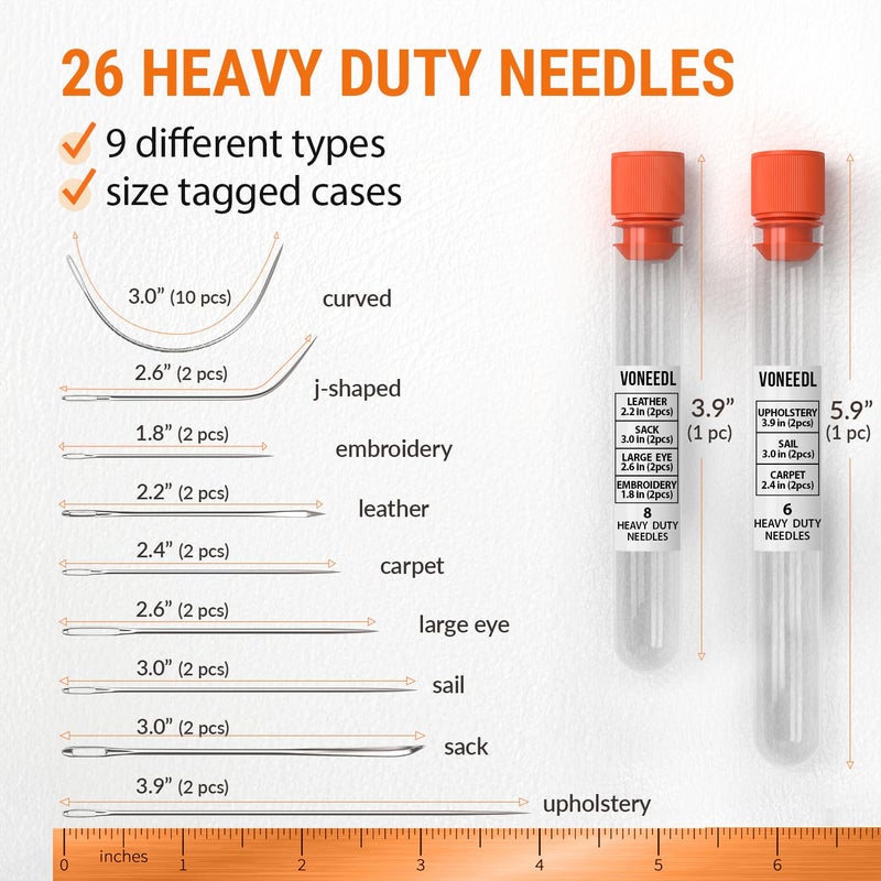 VONEEDL Heavy Duty Hand Sewing Needles Set - 26 Straight and Curved Hand Sewing Needles for Upholstery, Leather, Carpet, Canvas Repair and Sail Crafts - Image 3